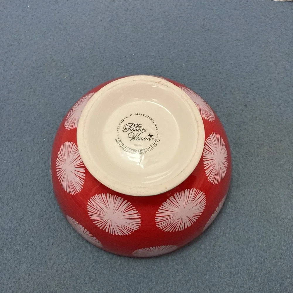 Pioneer Woman Red w/White Starbursts Teal Footed Soup/Cereal/Salad/Dessert Bowl